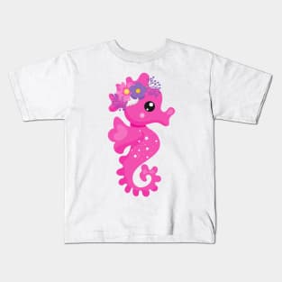 Cute Seahorse, Pink Seahorse, Flowers, Seashell Kids T-Shirt